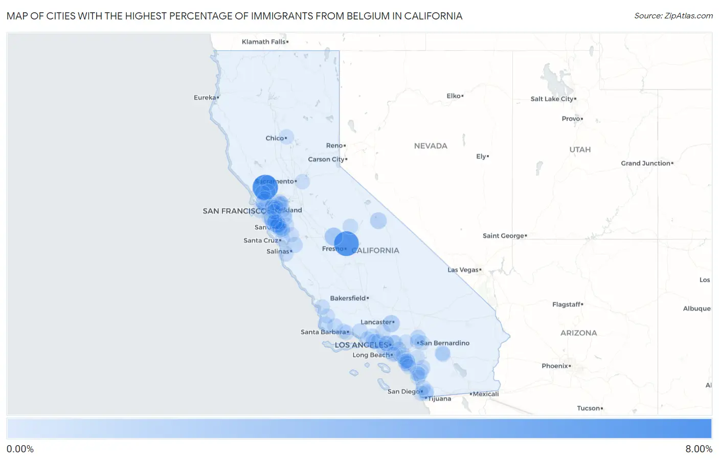 Cities with the Highest Percentage of Immigrants from Belgium in California Map