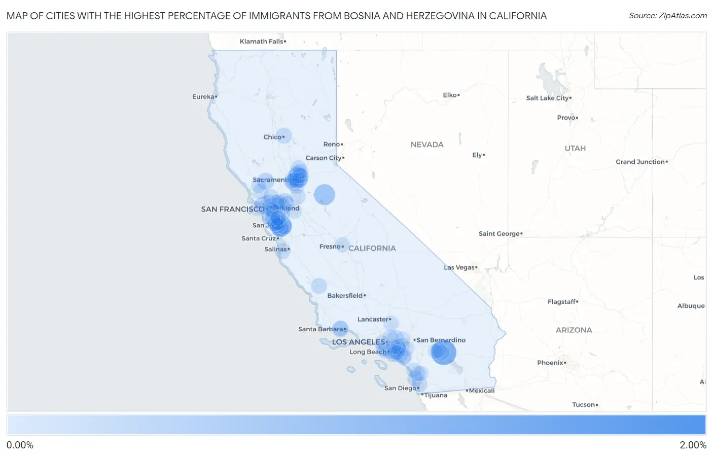 Cities with the Highest Percentage of Immigrants from Bosnia and Herzegovina in California Map