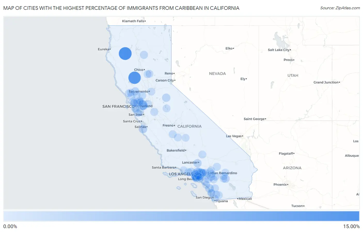 Cities with the Highest Percentage of Immigrants from Caribbean in California Map