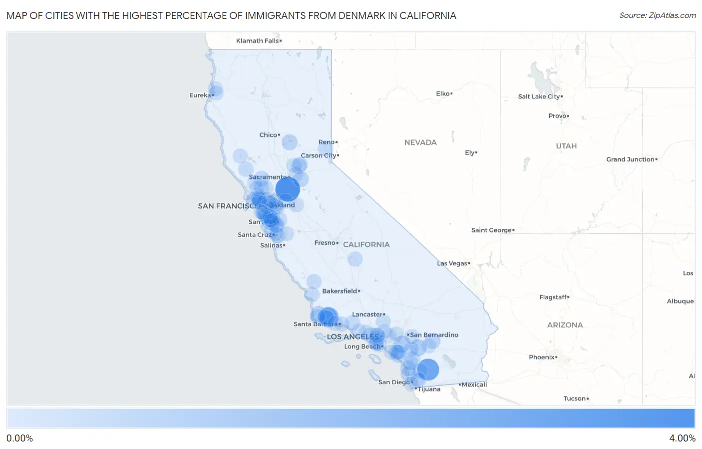 Cities with the Highest Percentage of Immigrants from Denmark in California Map