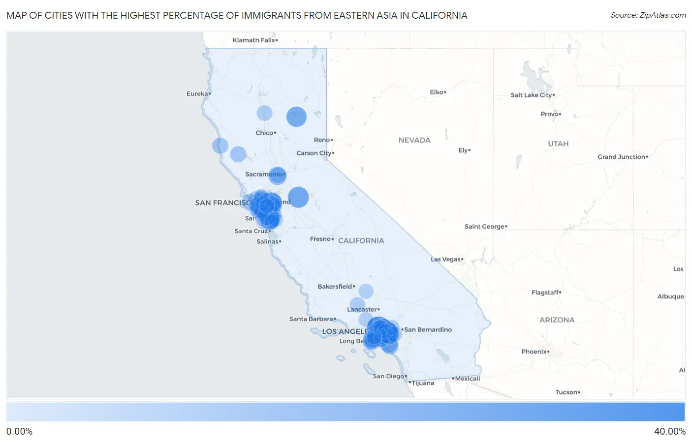 Cities with the Highest Percentage of Immigrants from Eastern Asia in California Map