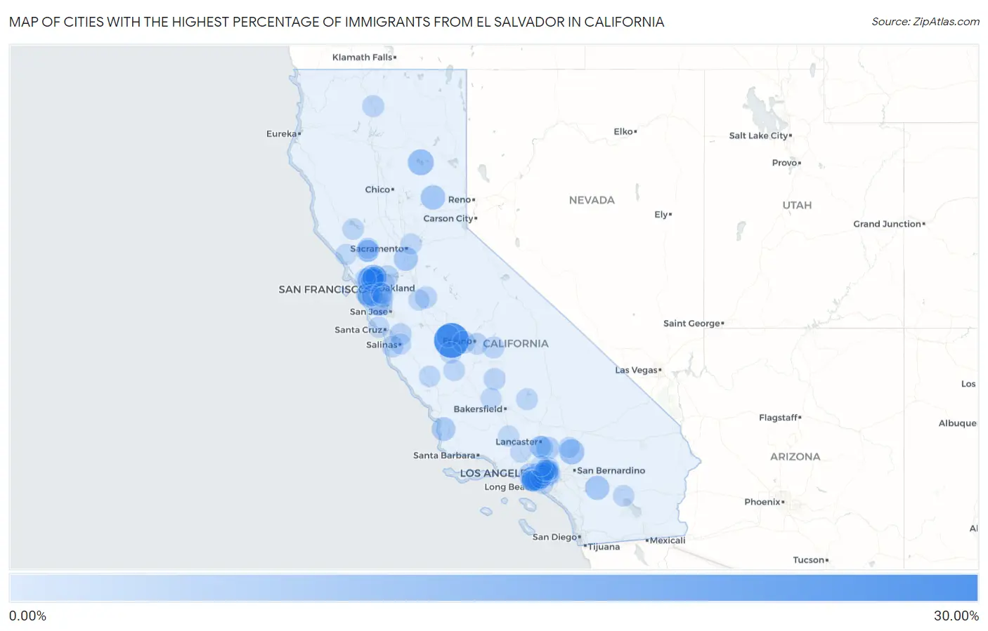 Cities with the Highest Percentage of Immigrants from El Salvador in California Map