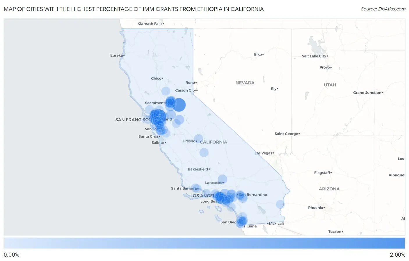 Cities with the Highest Percentage of Immigrants from Ethiopia in California Map