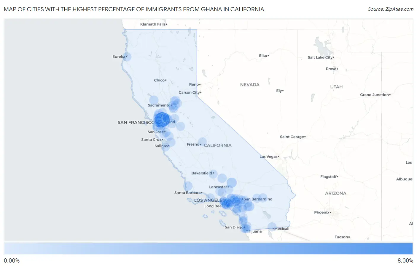 Cities with the Highest Percentage of Immigrants from Ghana in California Map