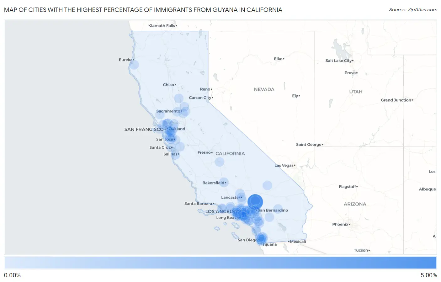 Cities with the Highest Percentage of Immigrants from Guyana in California Map