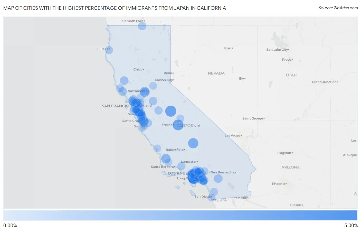 Cities with the Highest Percentage of Immigrants from Japan in California Map