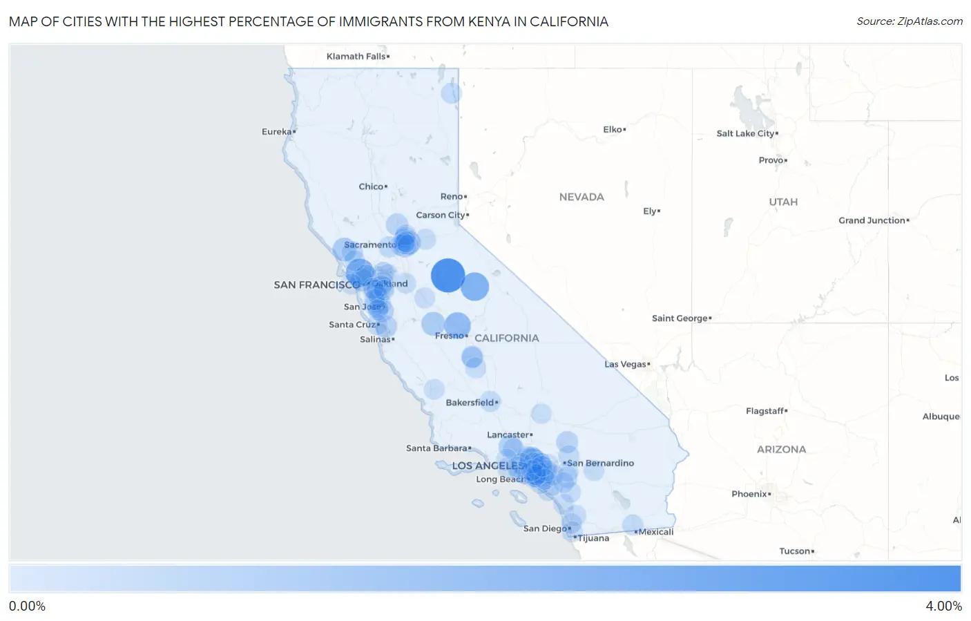 Cities with the Highest Percentage of Immigrants from Kenya in California Map