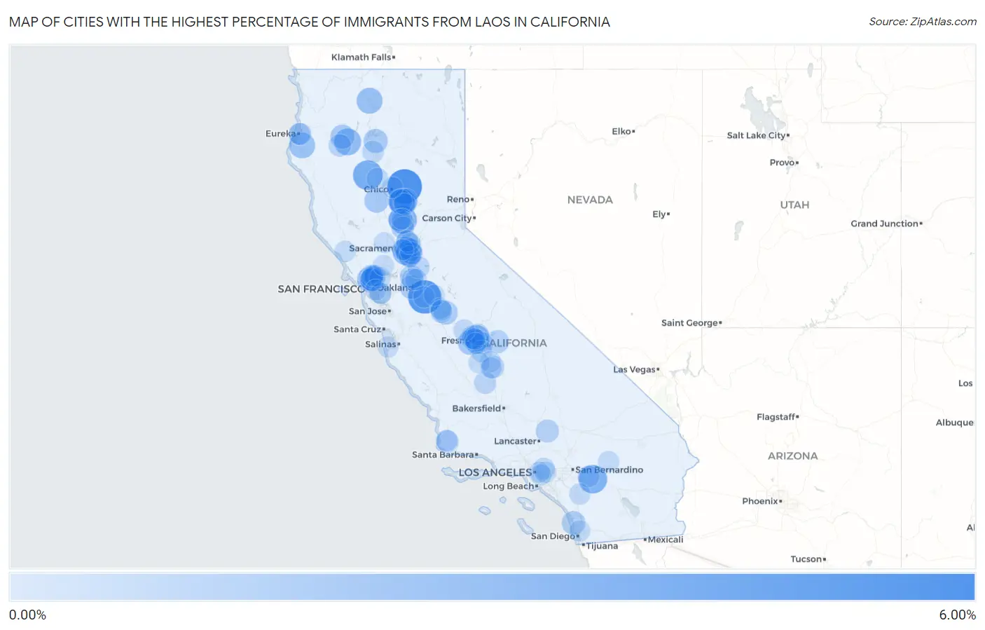Cities with the Highest Percentage of Immigrants from Laos in California Map