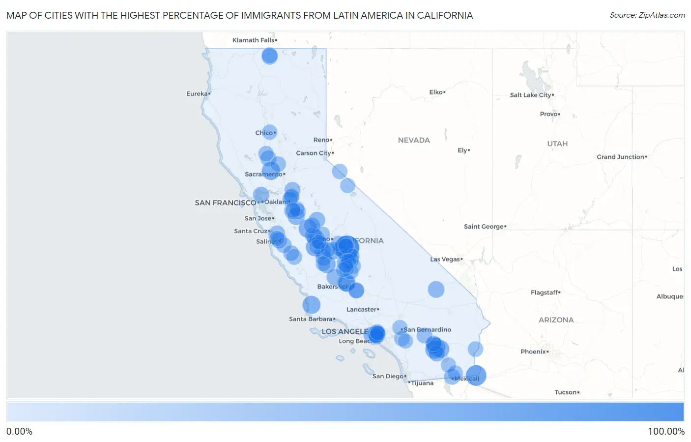 Cities with the Highest Percentage of Immigrants from Latin America in California Map