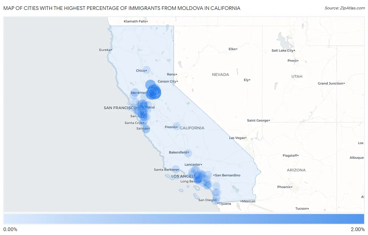 Cities with the Highest Percentage of Immigrants from Moldova in California Map