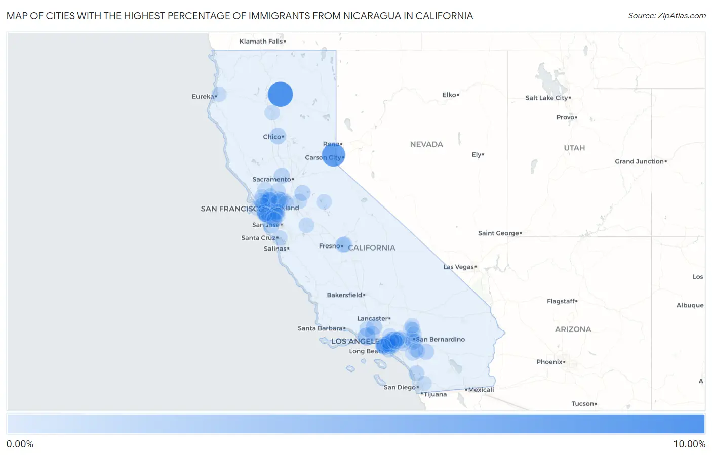 Cities with the Highest Percentage of Immigrants from Nicaragua in California Map