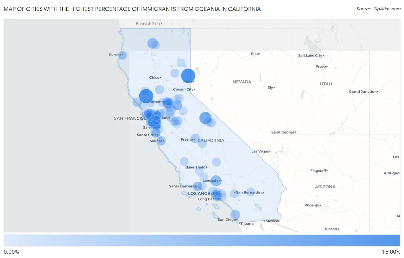 Cities with the Highest Percentage of Immigrants from Oceania in California Map