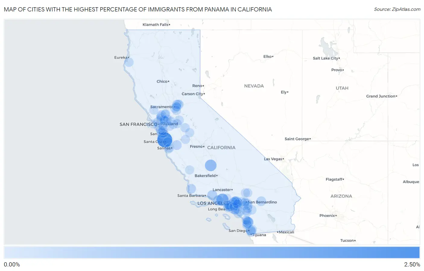 Cities with the Highest Percentage of Immigrants from Panama in California Map
