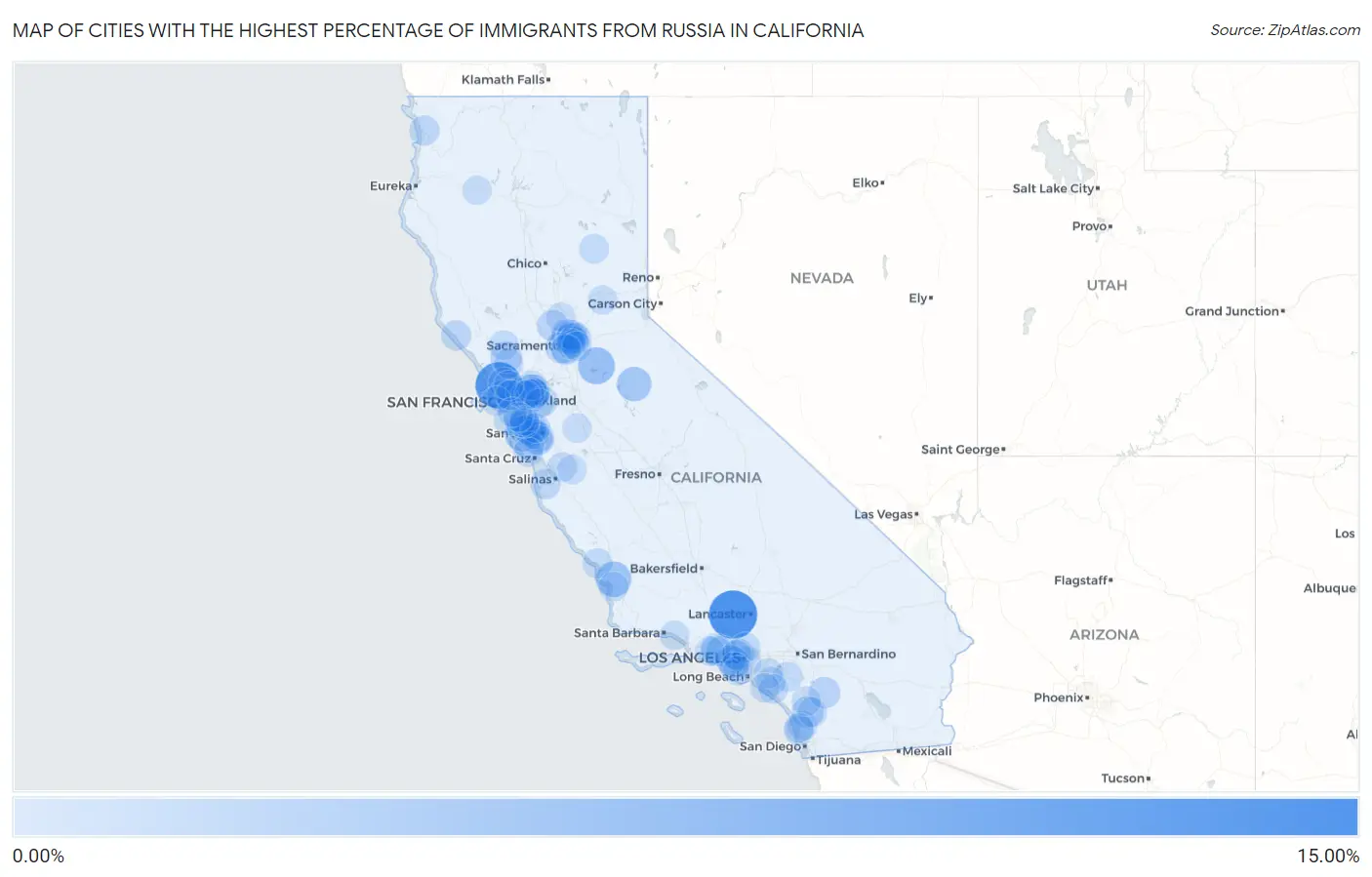 Cities with the Highest Percentage of Immigrants from Russia in California Map