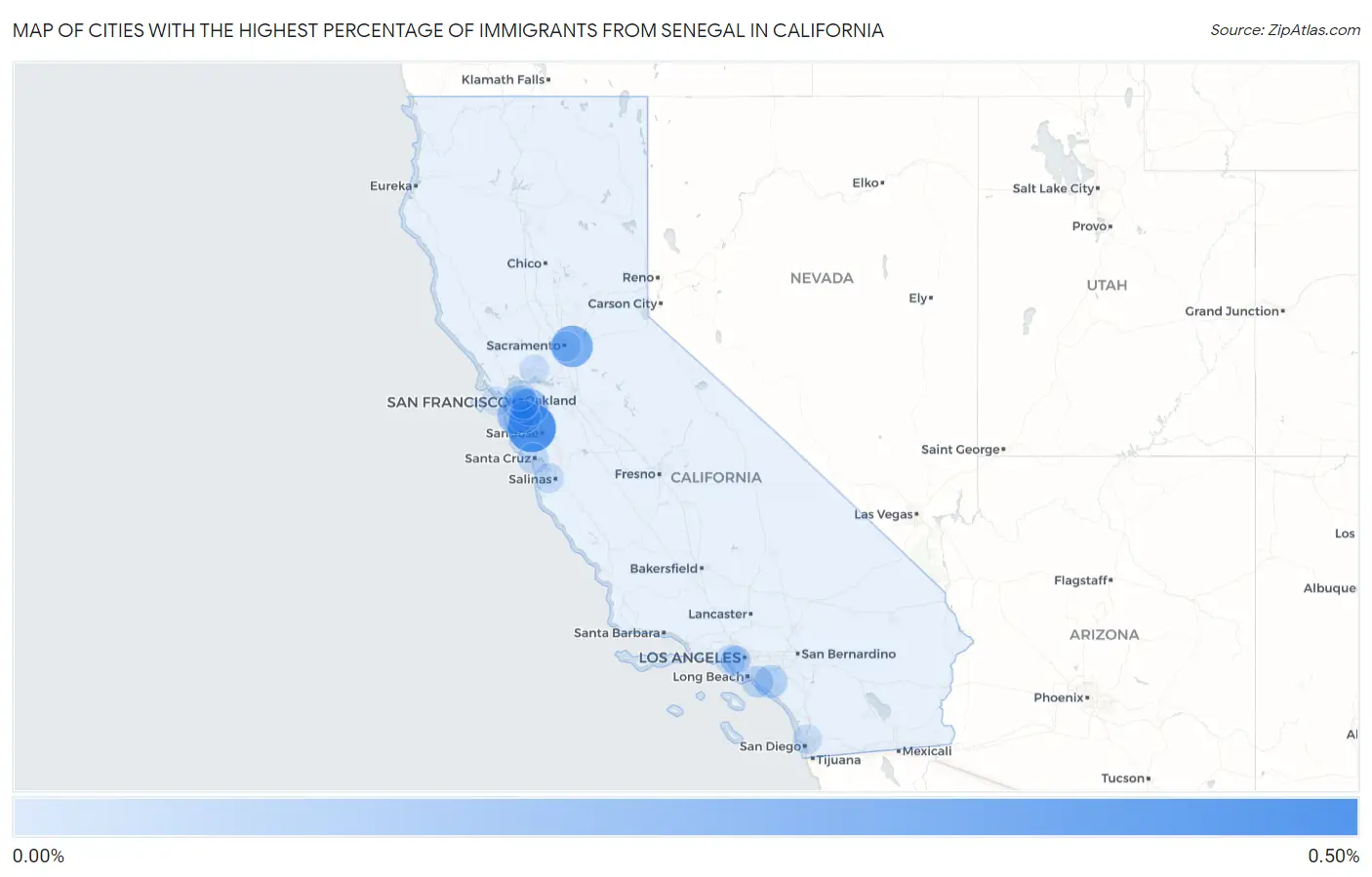 Cities with the Highest Percentage of Immigrants from Senegal in California Map