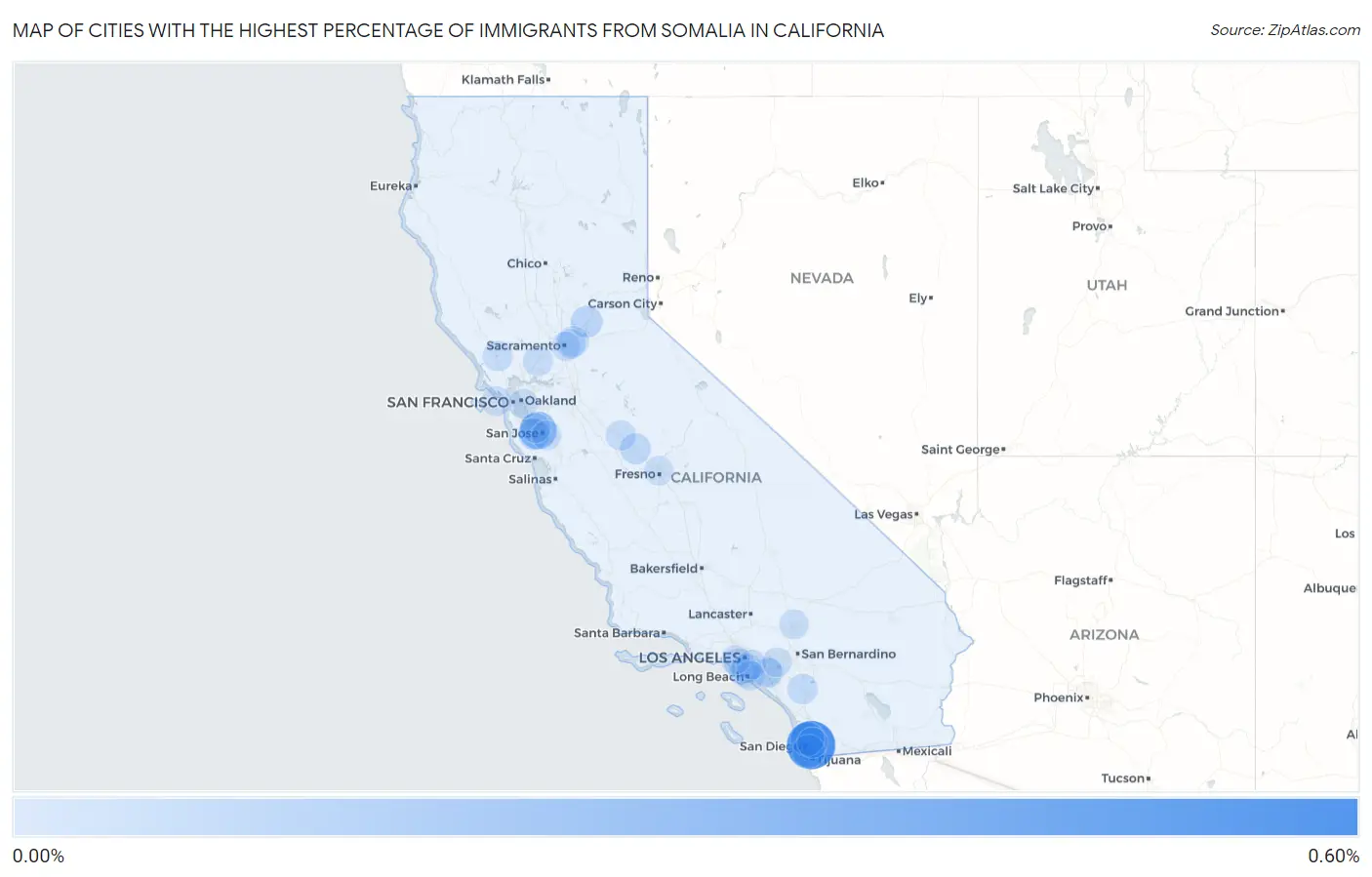 Cities with the Highest Percentage of Immigrants from Somalia in California Map