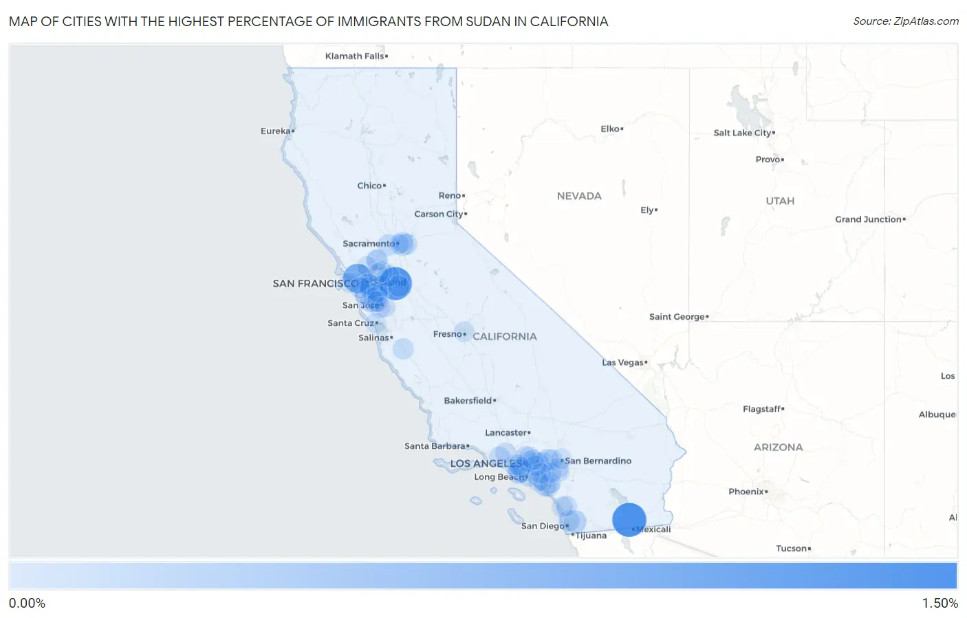 Cities with the Highest Percentage of Immigrants from Sudan in California Map