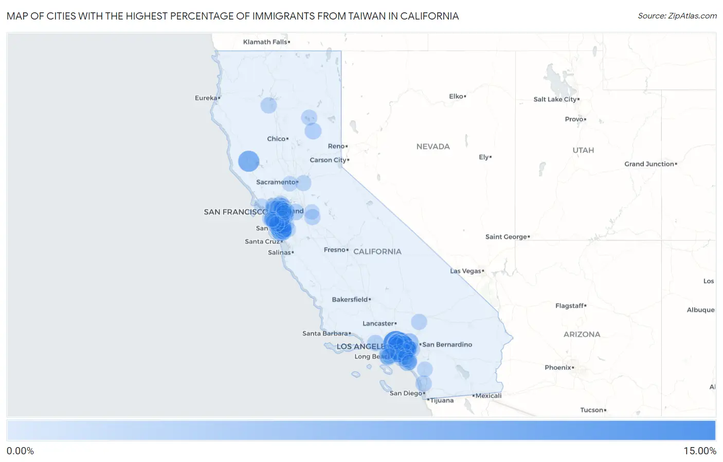 Cities with the Highest Percentage of Immigrants from Taiwan in California Map