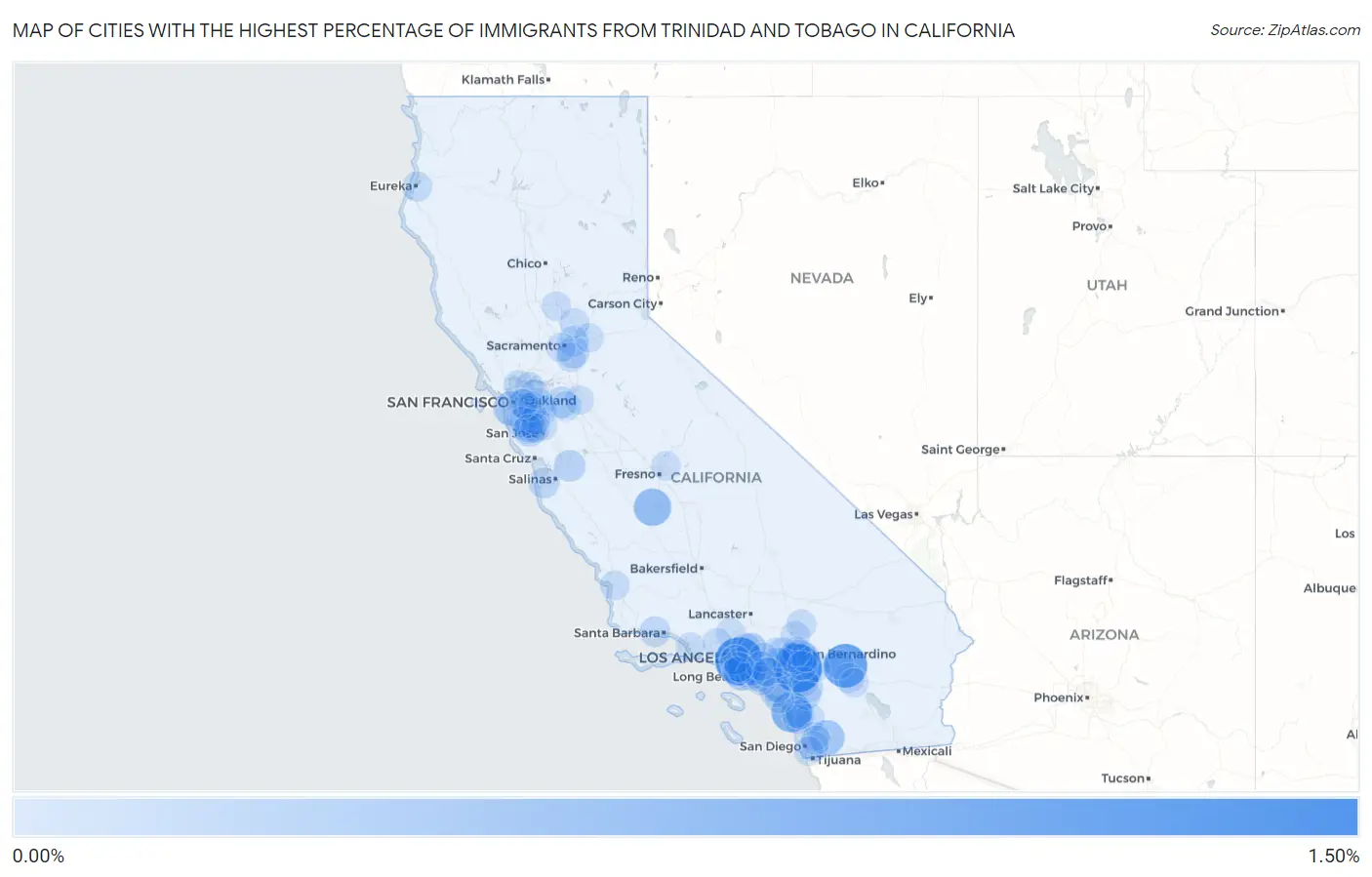 Cities with the Highest Percentage of Immigrants from Trinidad and Tobago in California Map
