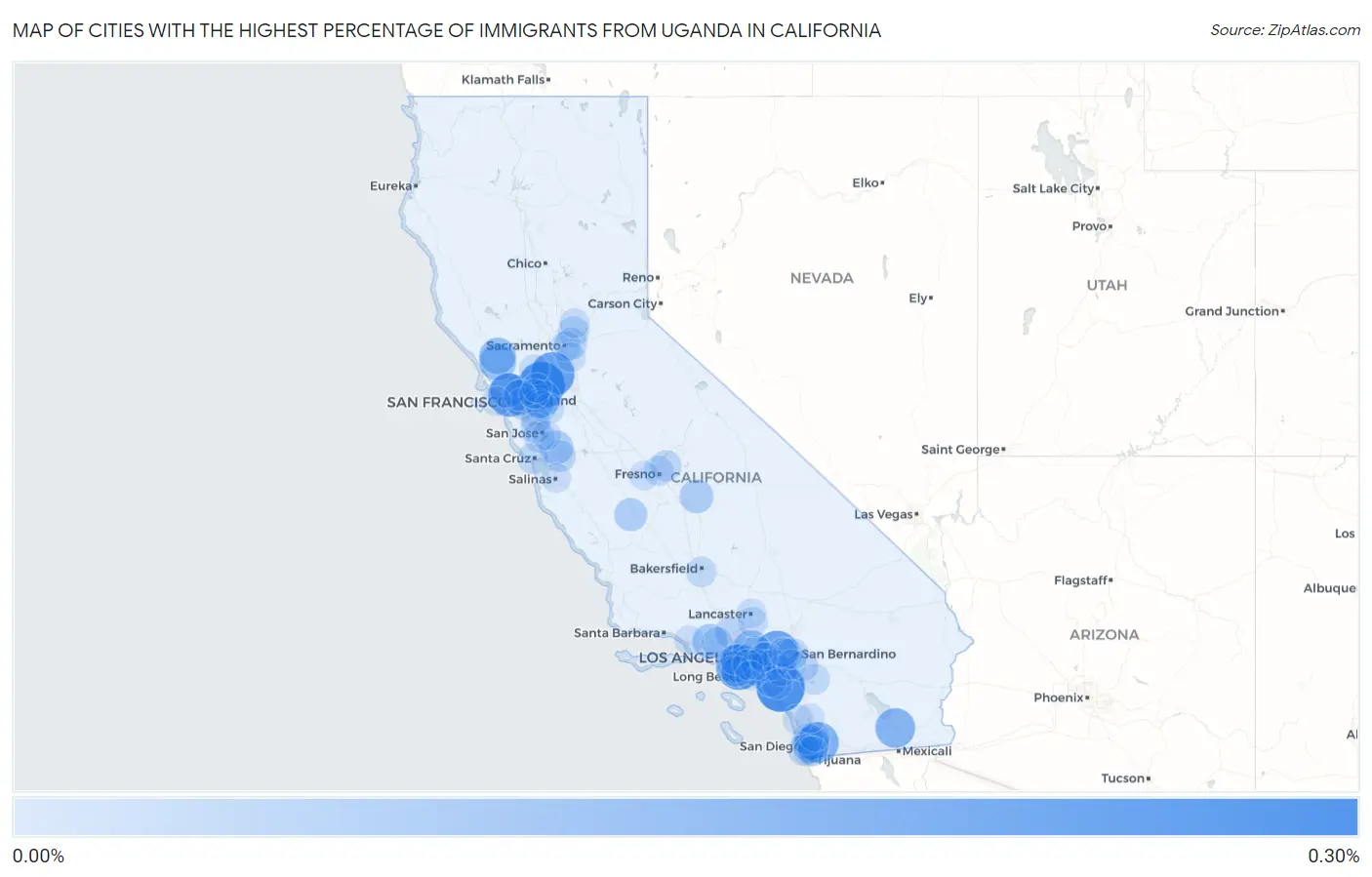 Cities with the Highest Percentage of Immigrants from Uganda in California Map