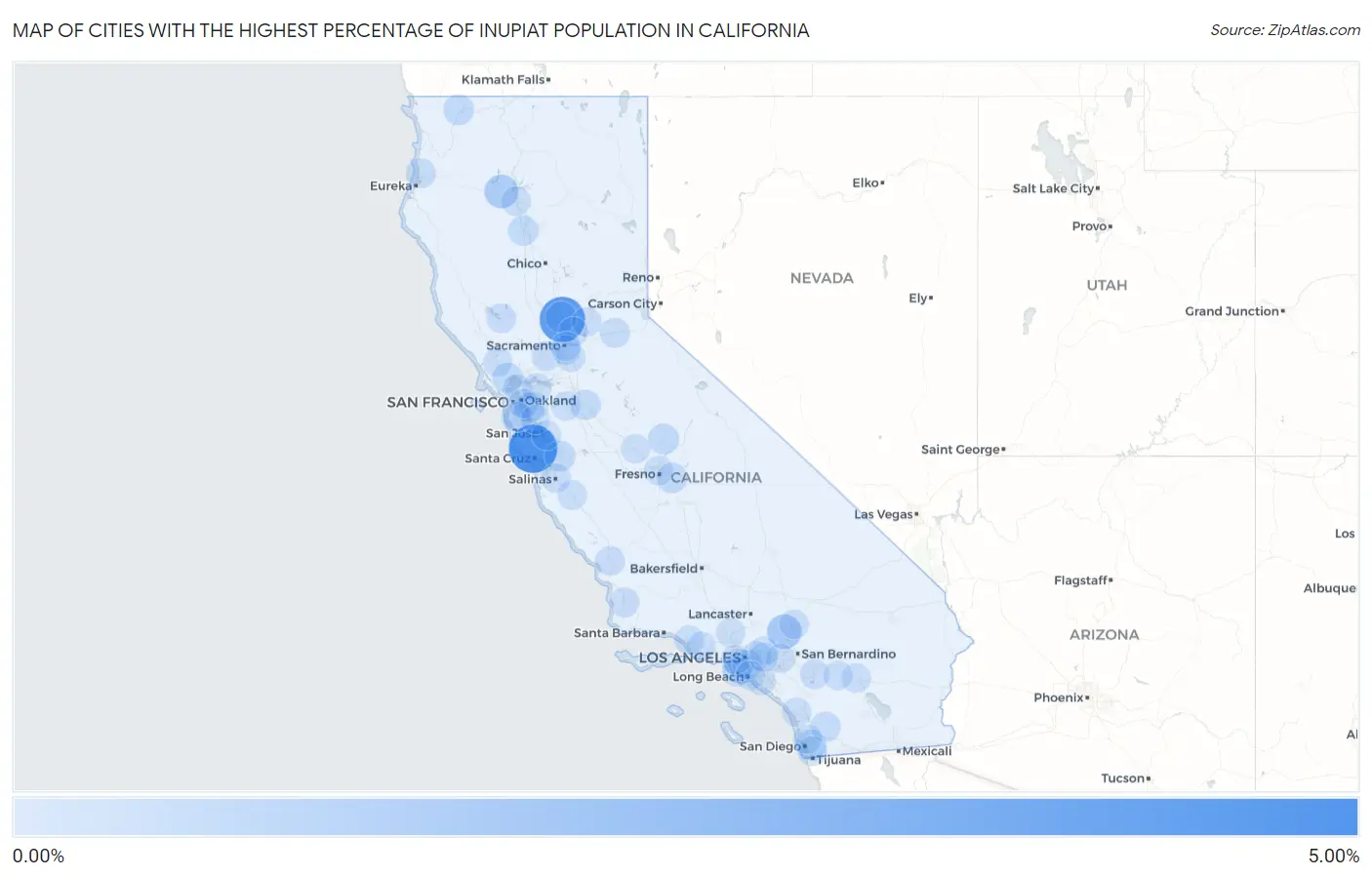 Cities with the Highest Percentage of Inupiat Population in California Map