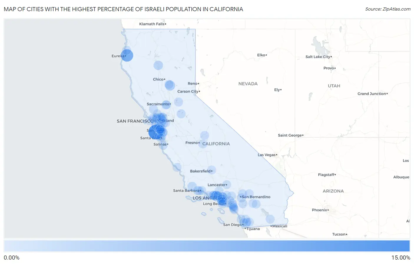 Cities with the Highest Percentage of Israeli Population in California Map