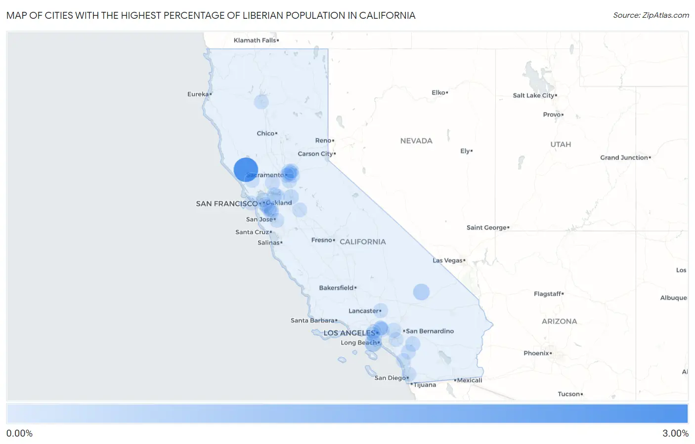Cities with the Highest Percentage of Liberian Population in California Map