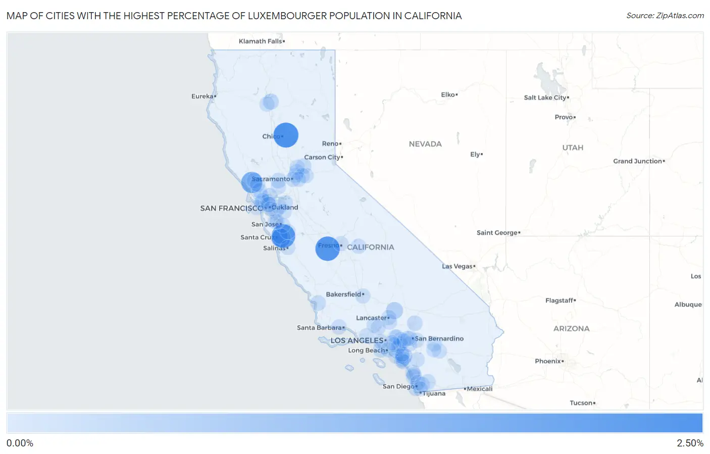 Cities with the Highest Percentage of Luxembourger Population in California Map