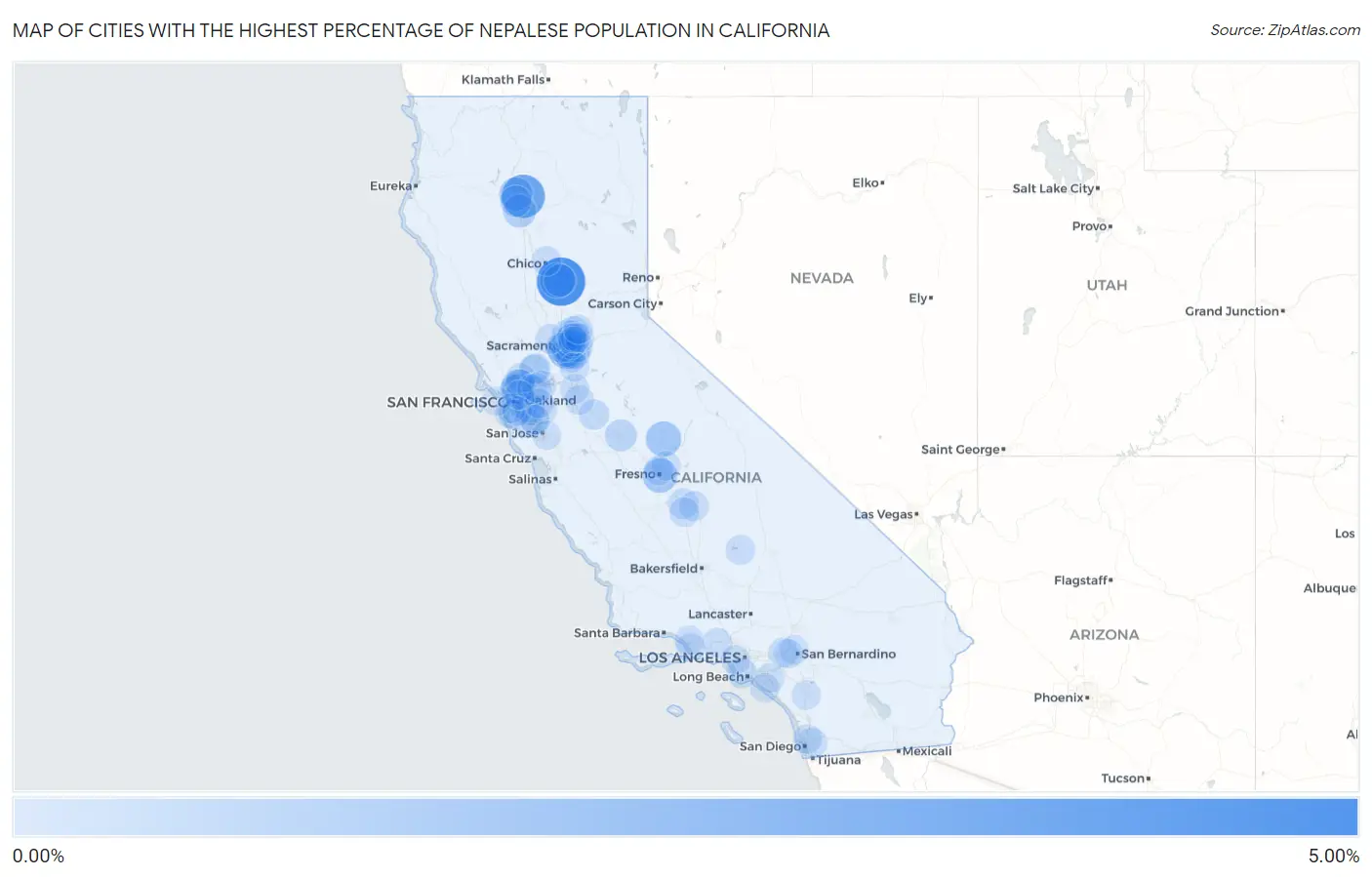 Cities with the Highest Percentage of Nepalese Population in California Map