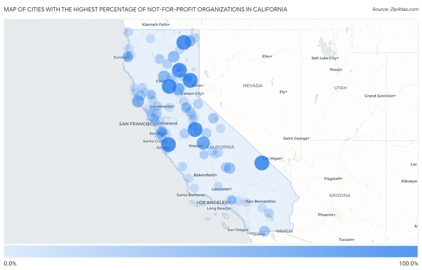 Cities with the Highest Percentage of Not-for-profit Organizations in California Map