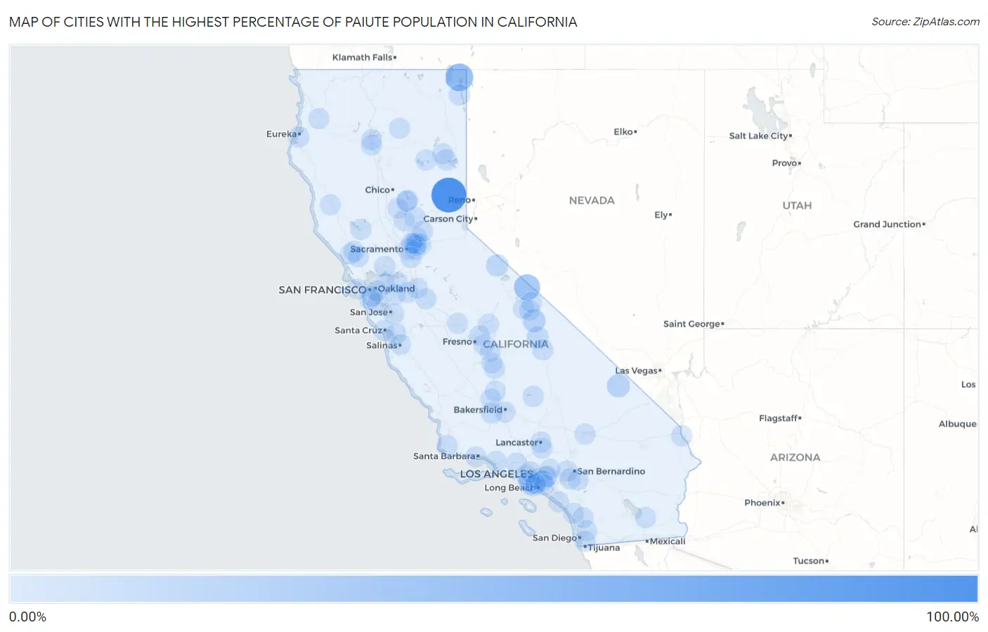Cities with the Highest Percentage of Paiute Population in California Map