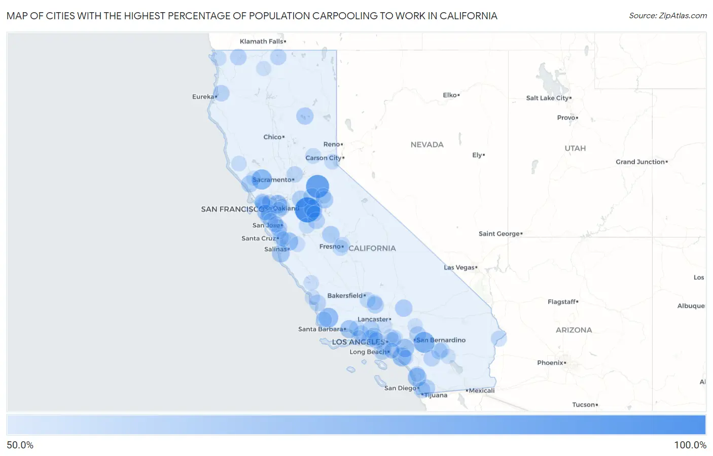 Cities with the Highest Percentage of Population Carpooling to Work in California Map