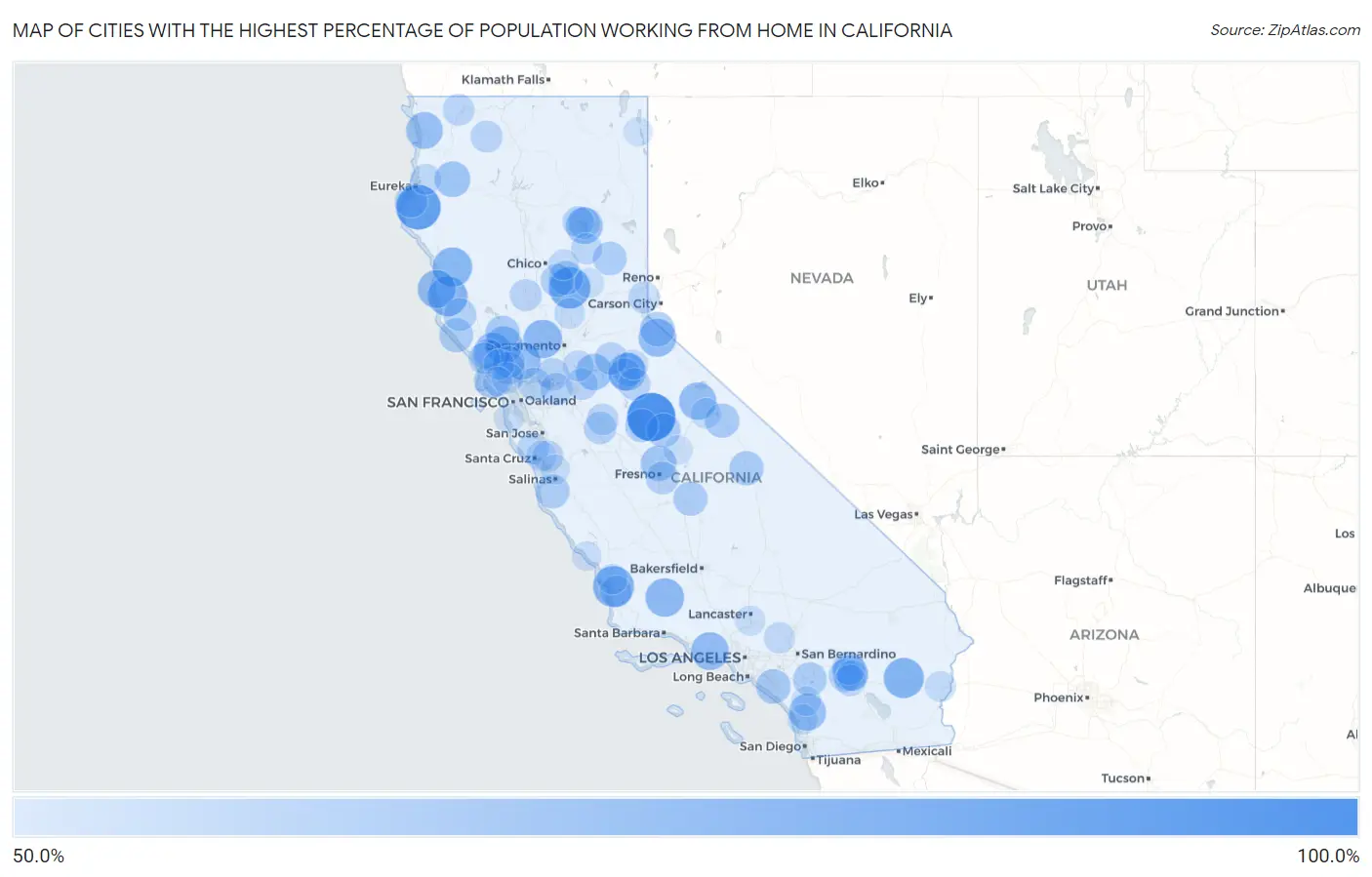 Cities with the Highest Percentage of Population Working from Home in California Map