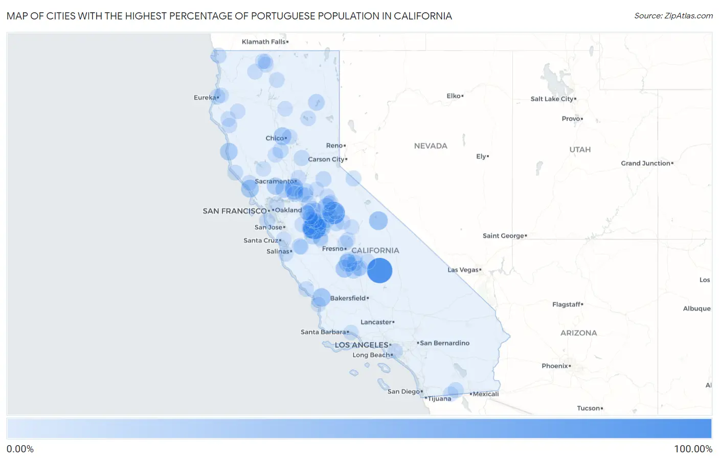 Cities with the Highest Percentage of Portuguese Population in California Map