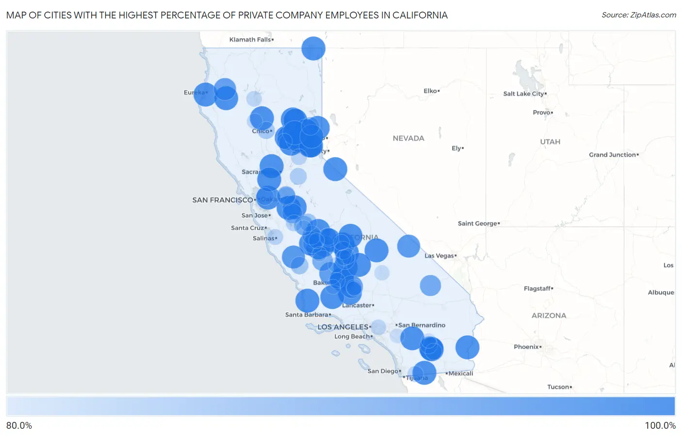 Cities with the Highest Percentage of Private Company Employees in California Map