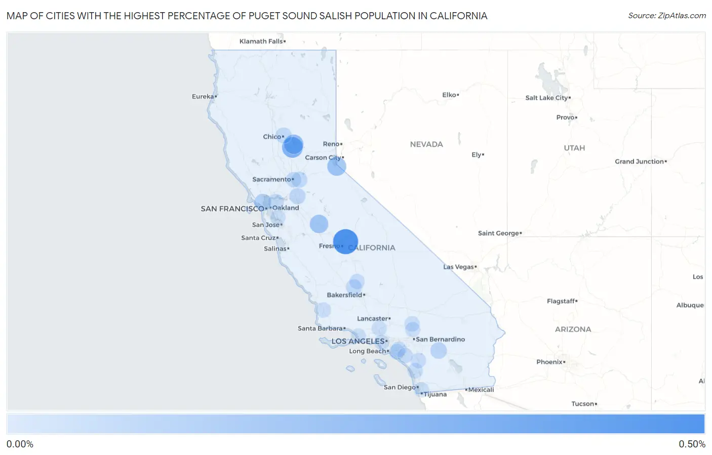 Cities with the Highest Percentage of Puget Sound Salish Population in California Map