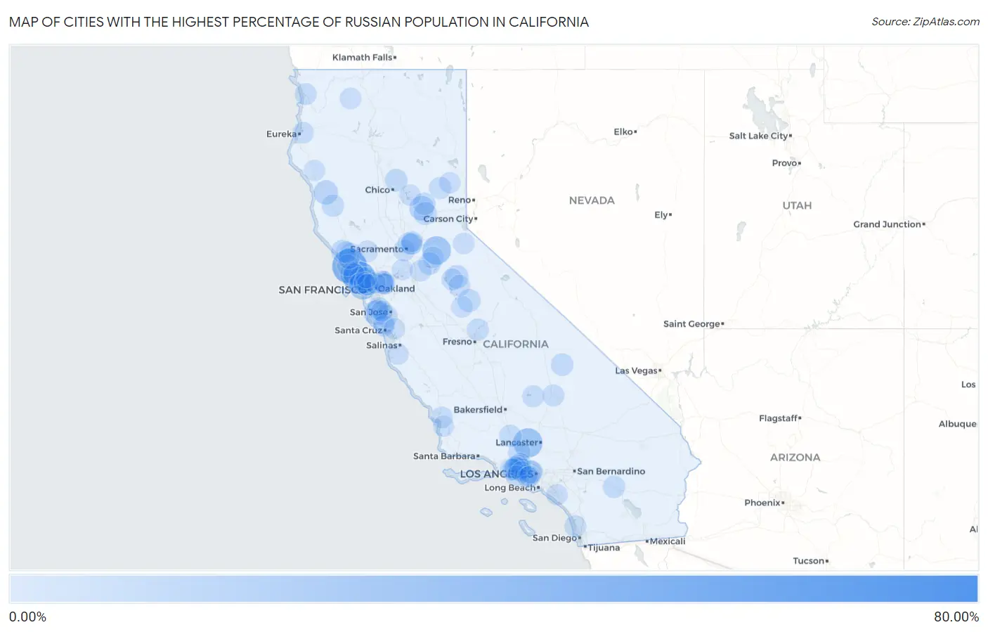 Cities with the Highest Percentage of Russian Population in California Map