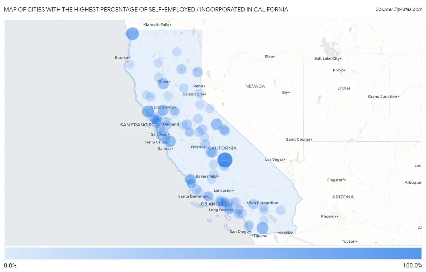 Cities with the Highest Percentage of Self-Employed / Incorporated in California Map