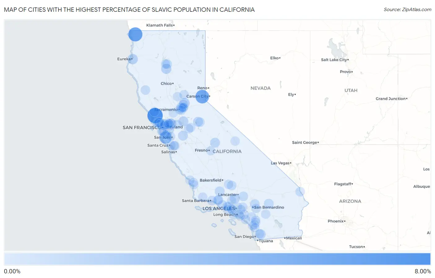 Cities with the Highest Percentage of Slavic Population in California Map