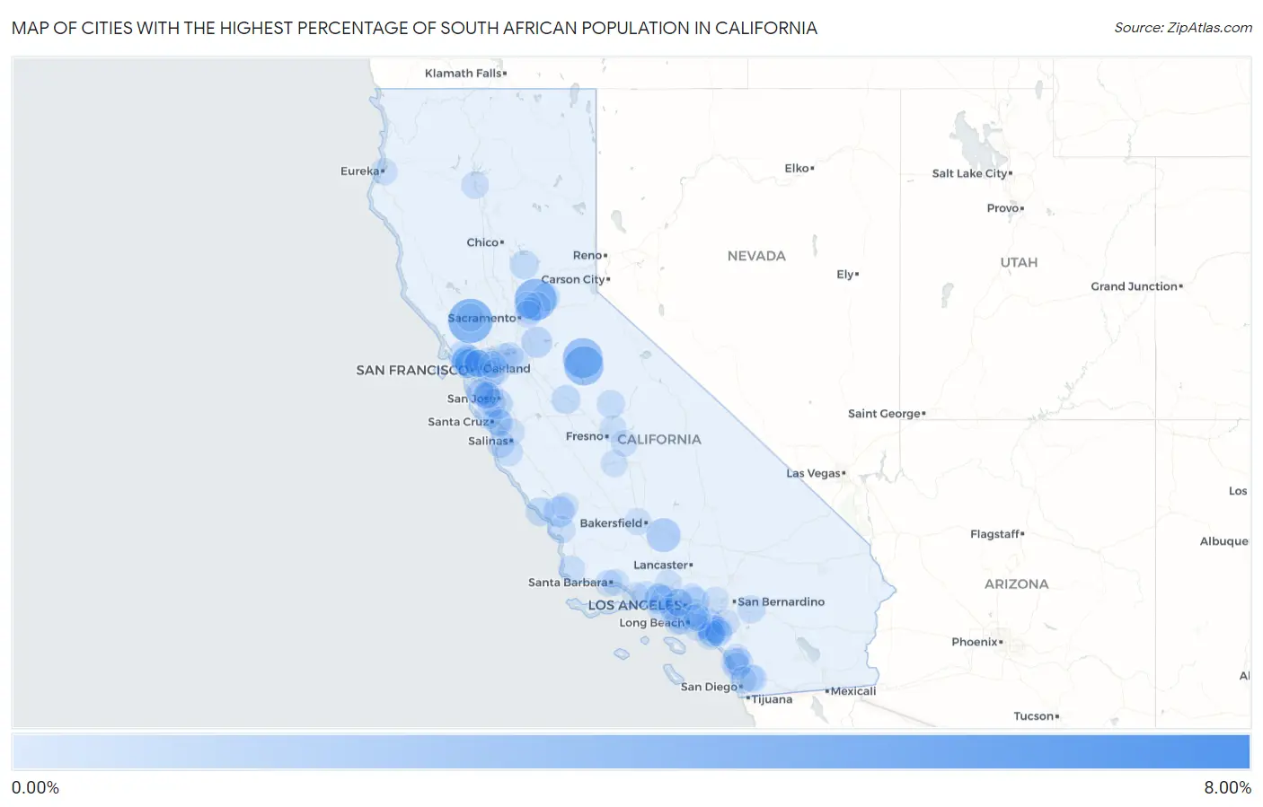 Cities with the Highest Percentage of South African Population in California Map