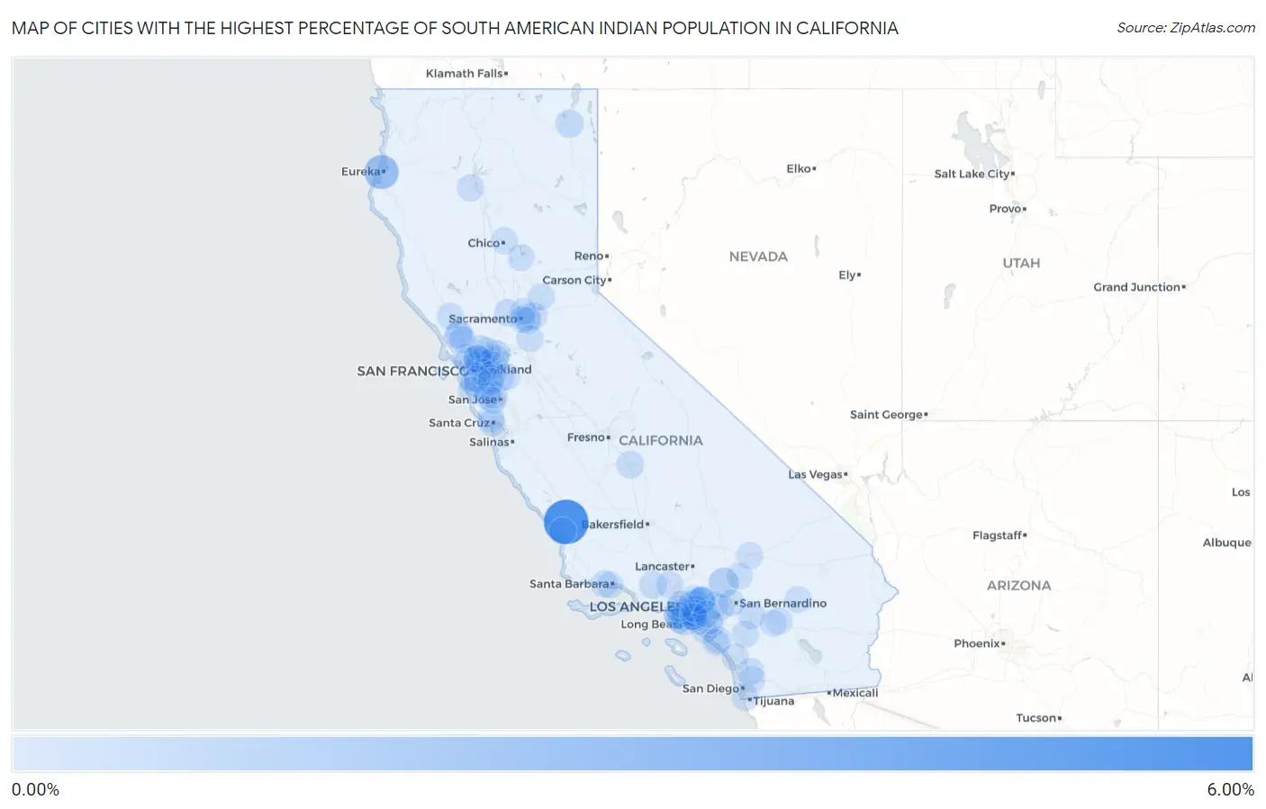 Cities with the Highest Percentage of South American Indian Population in California Map