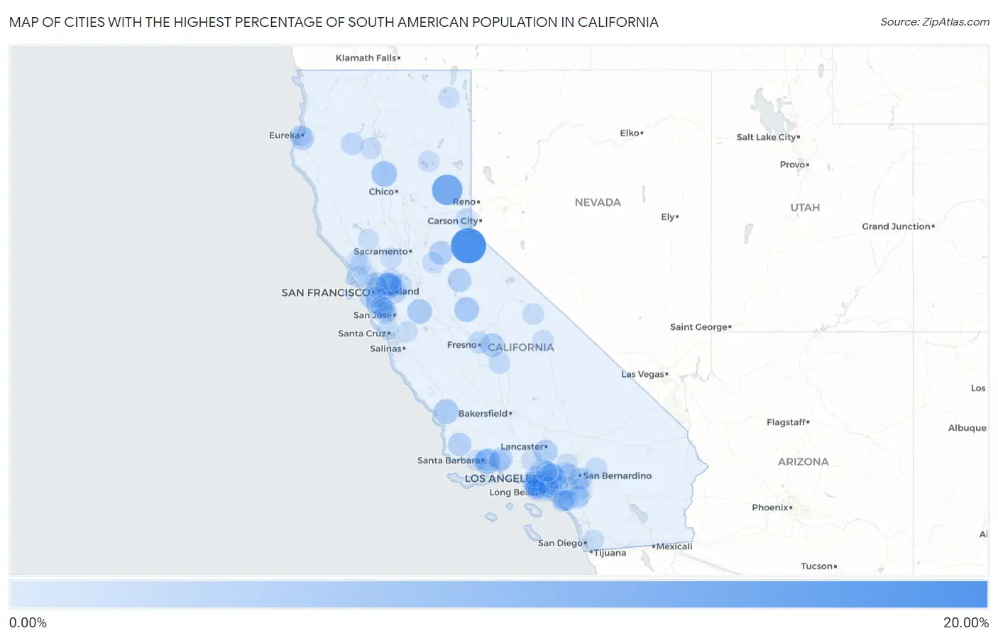 Cities with the Highest Percentage of South American Population in California Map