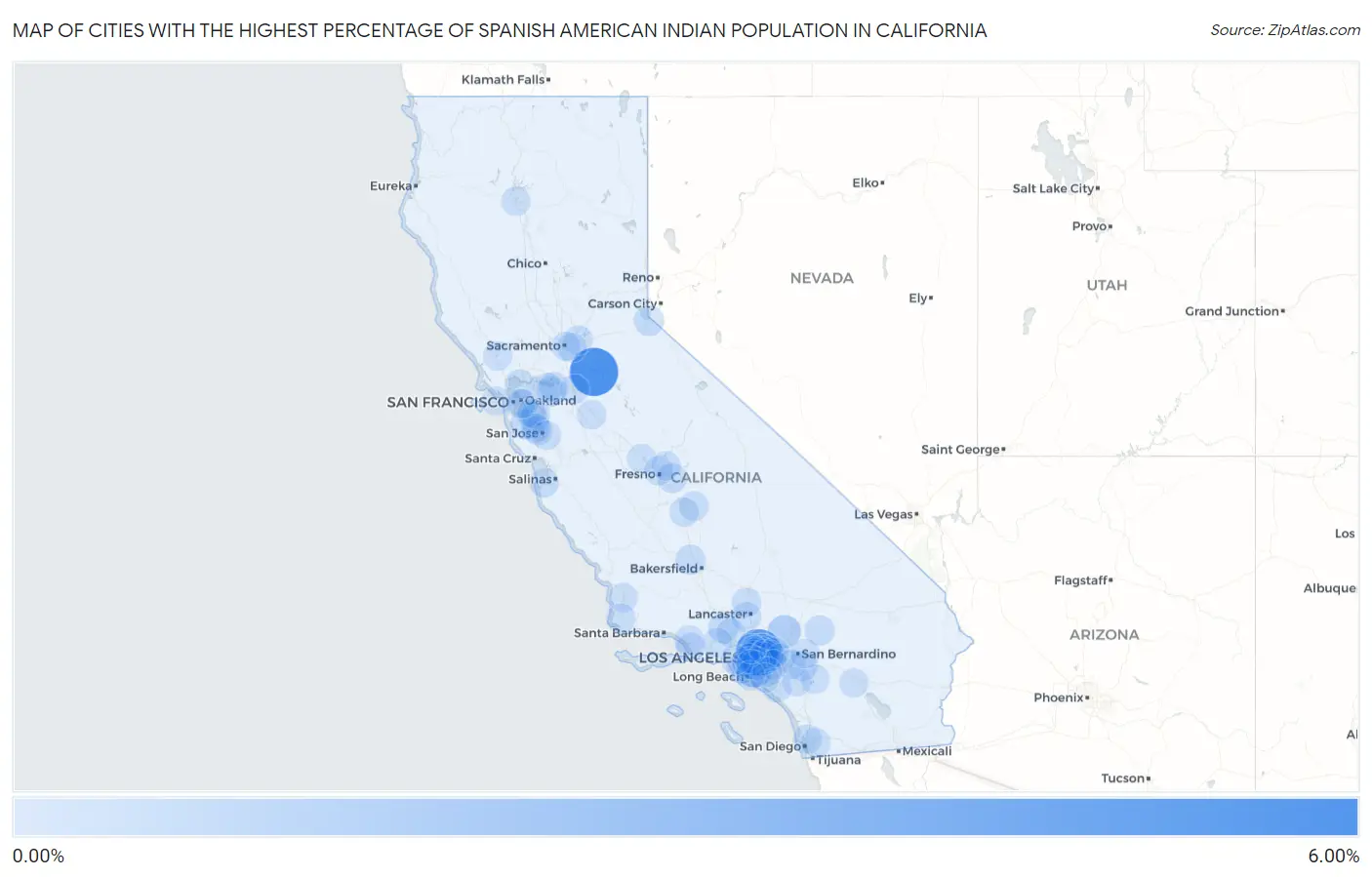 Cities with the Highest Percentage of Spanish American Indian Population in California Map