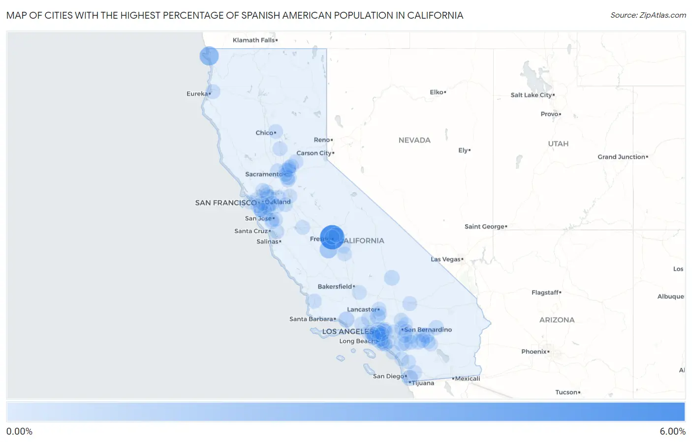 Cities with the Highest Percentage of Spanish American Population in California Map