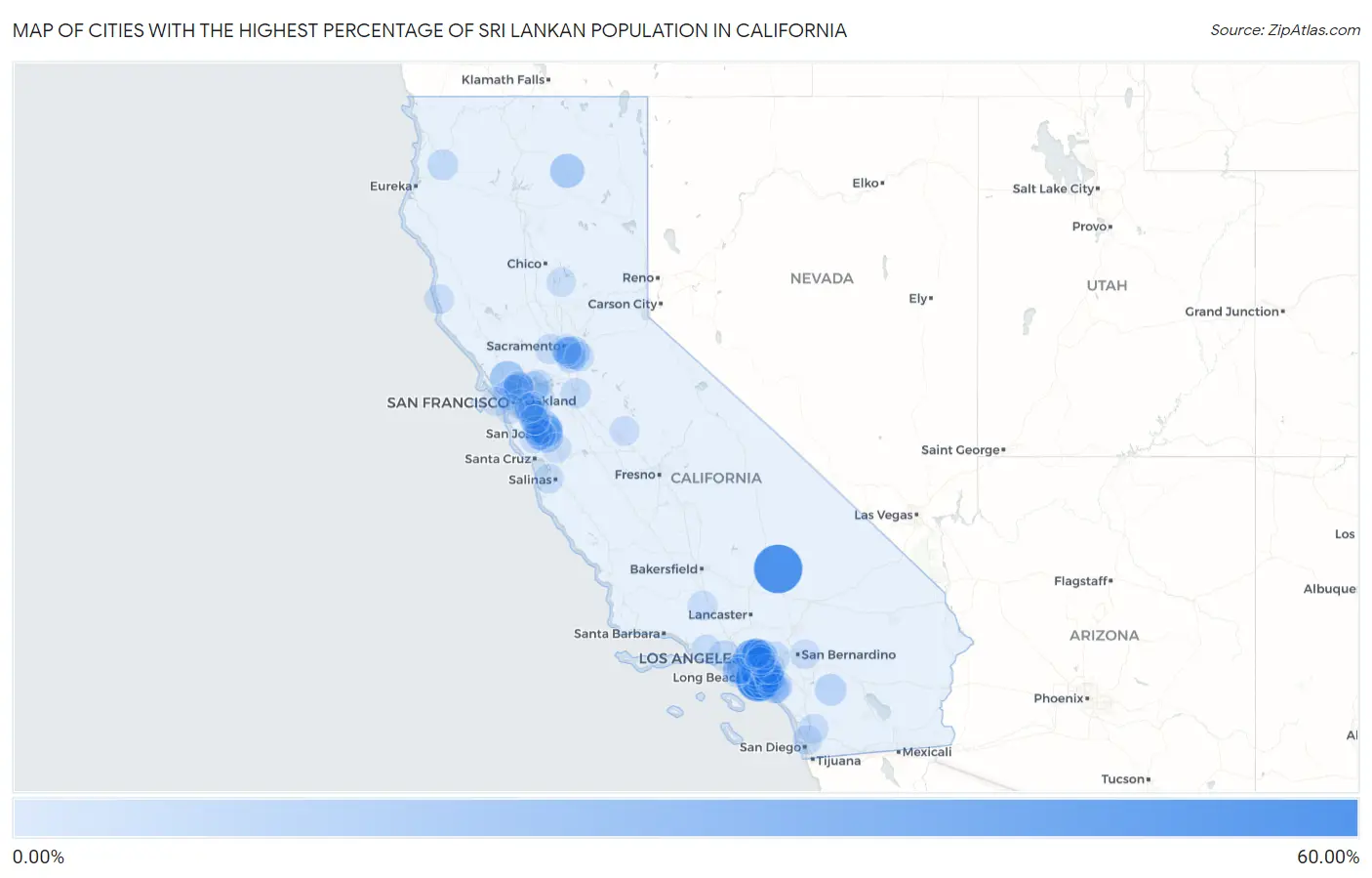 Cities with the Highest Percentage of Sri Lankan Population in California Map
