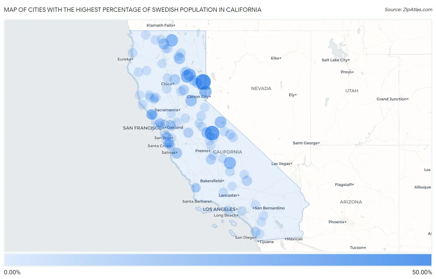 Cities with the Highest Percentage of Swedish Population in California Map