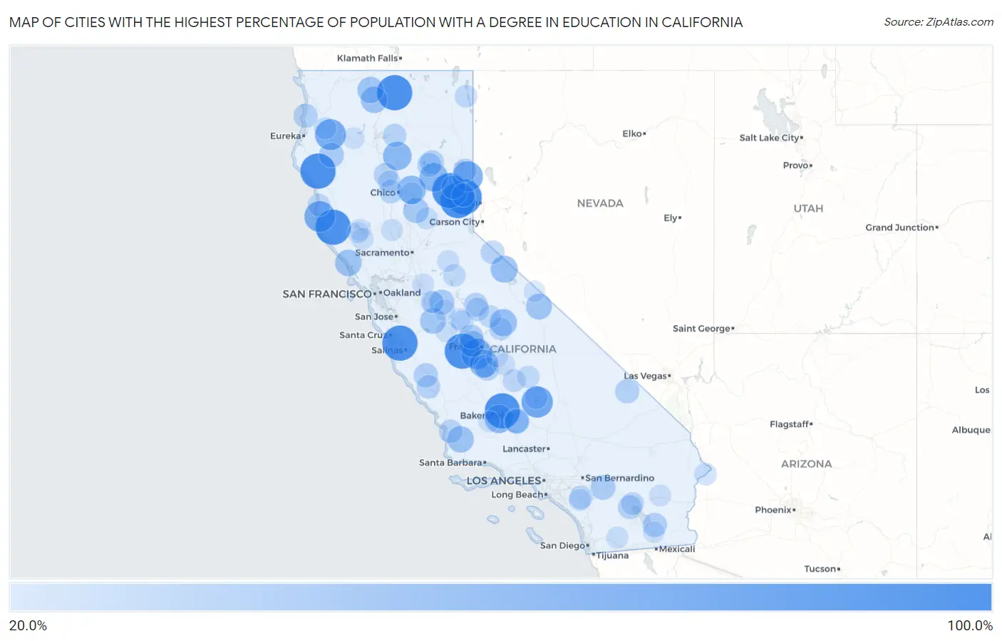 Cities with the Highest Percentage of Population with a Degree in Education in California Map