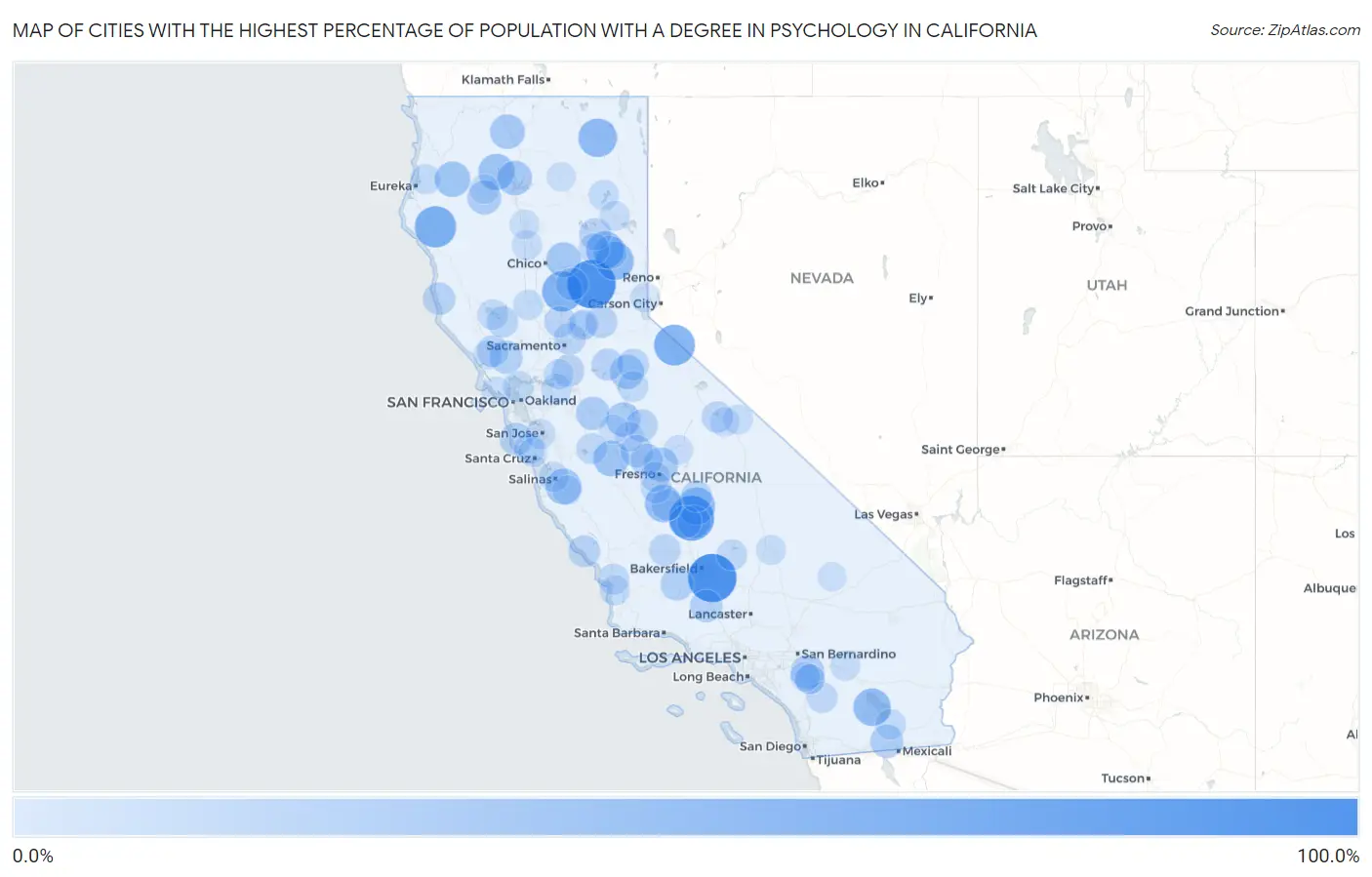 Cities with the Highest Percentage of Population with a Degree in Psychology in California Map
