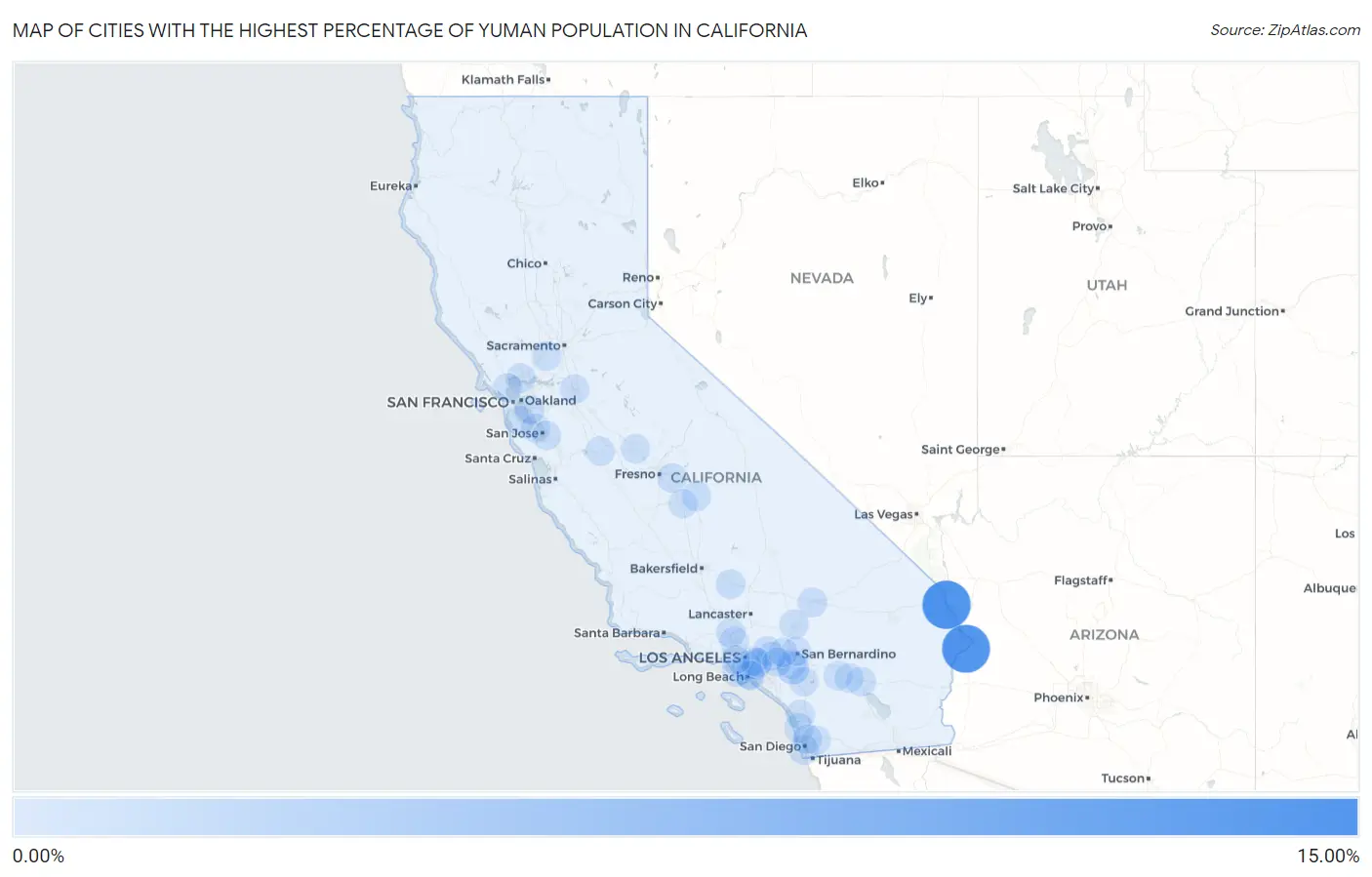 Cities with the Highest Percentage of Yuman Population in California Map
