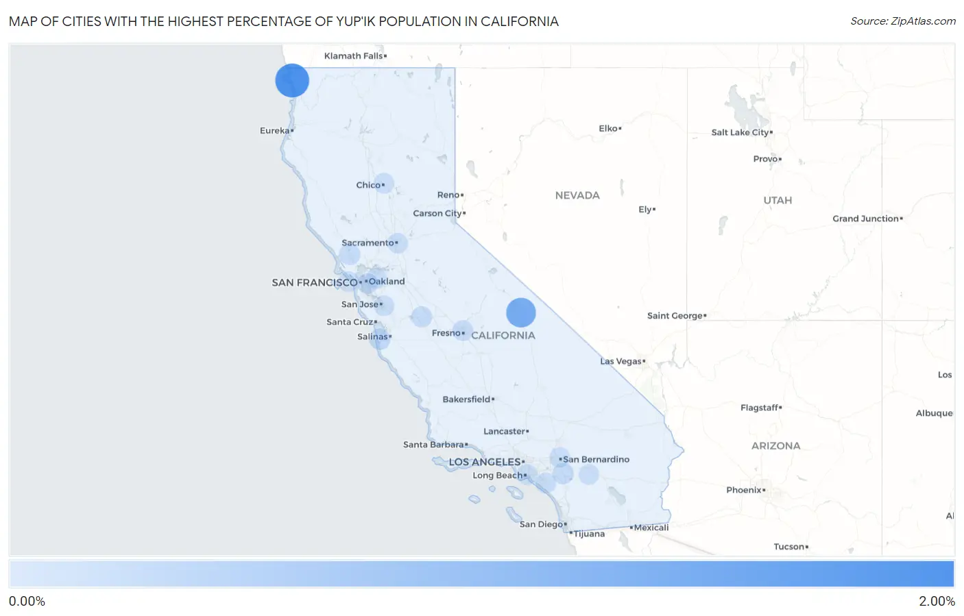 Cities with the Highest Percentage of Yup'ik Population in California Map